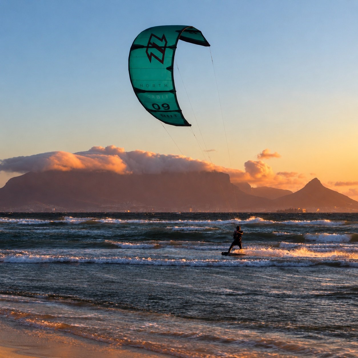 Kitesurfeur sur les eaux turquoise du lagon de Langebaan en Afrique du Sud