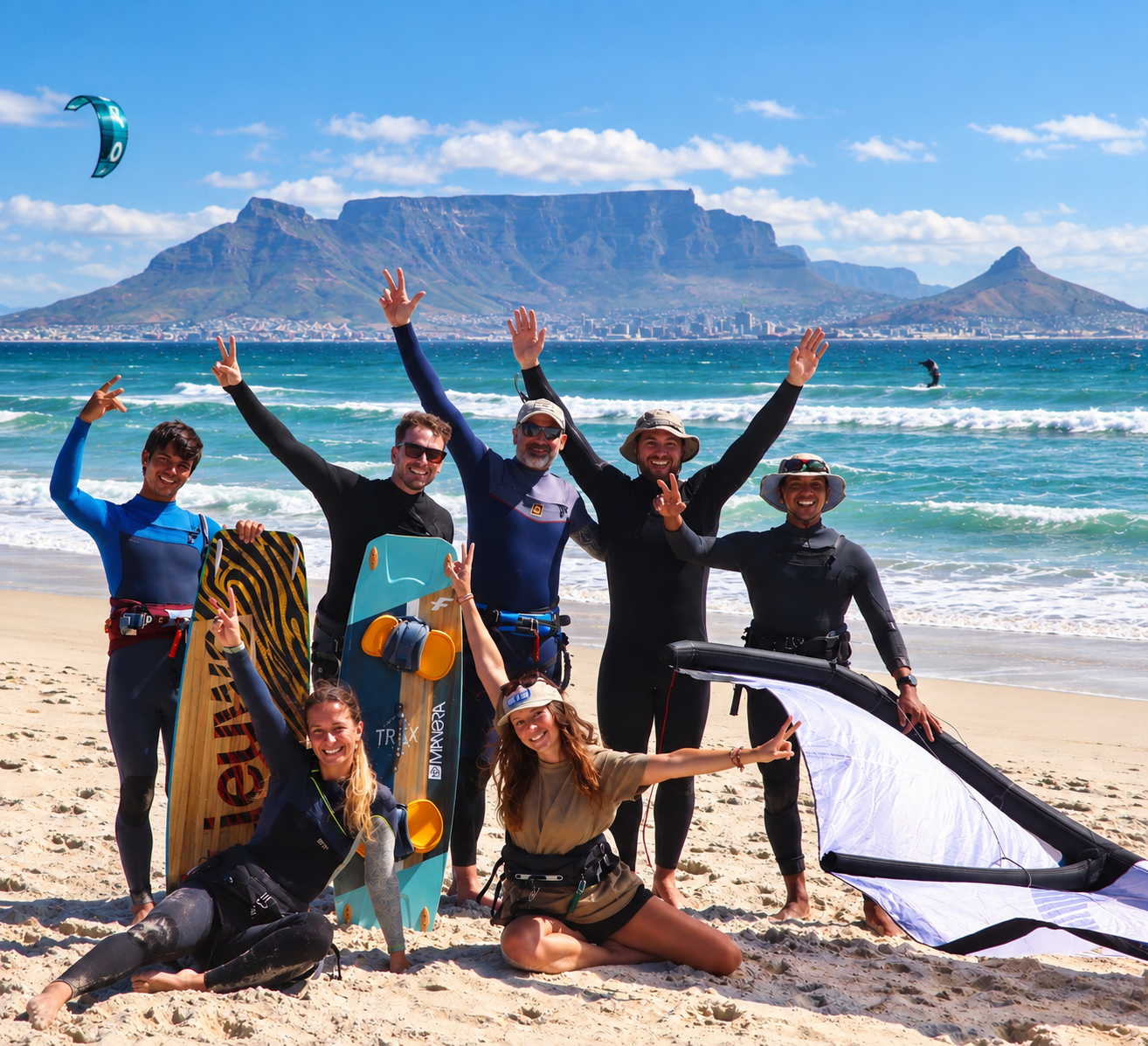 Groupe de kitesurfeurs à Cape Town devant Table Mountain