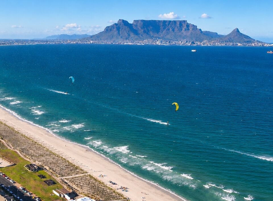 Kitesurf à Cape Town avec Table Mountain en arrière-plan
