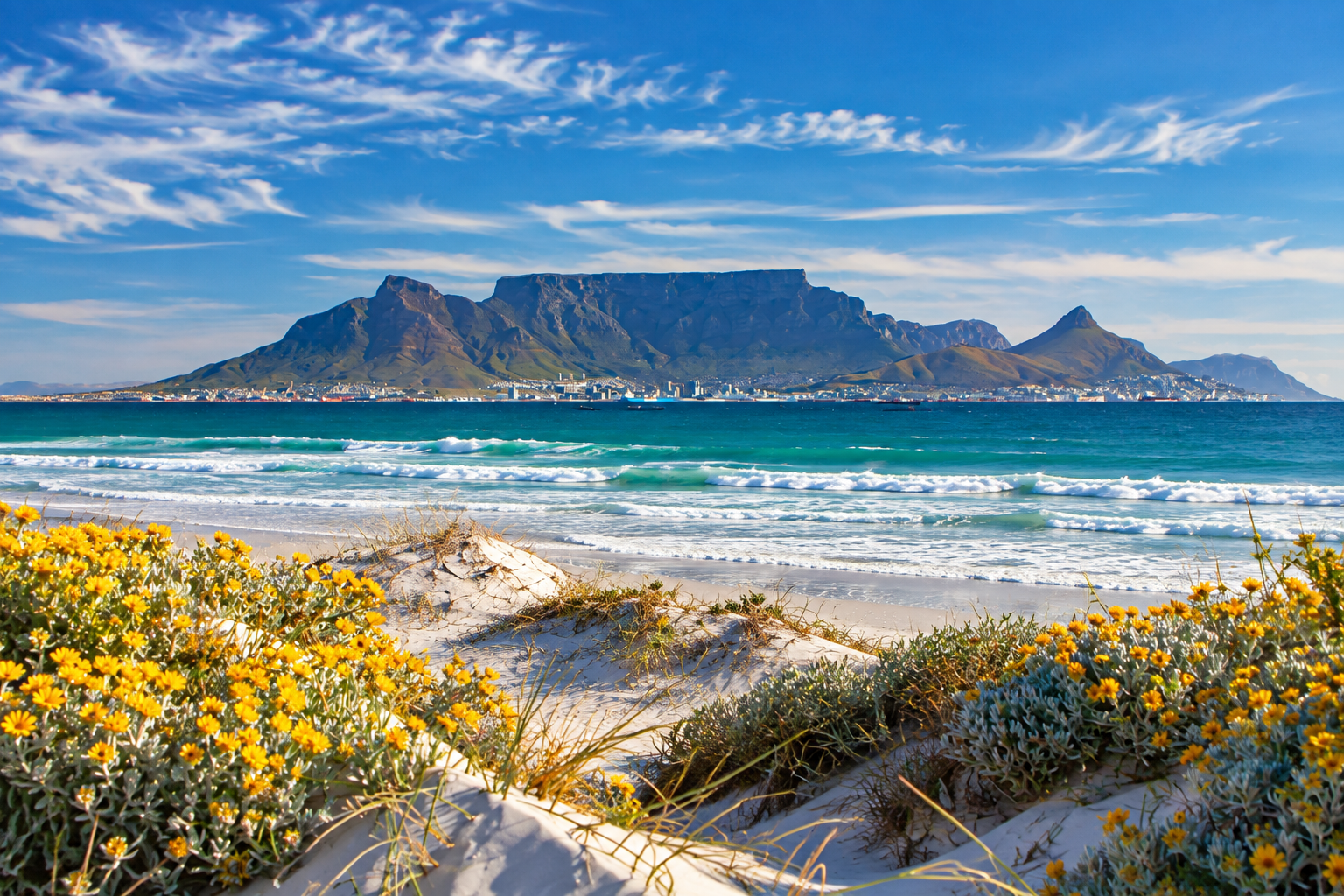 Plage fleurie face à la montagne de la Table Plage fleurie de Blouberg face à Table Mountain